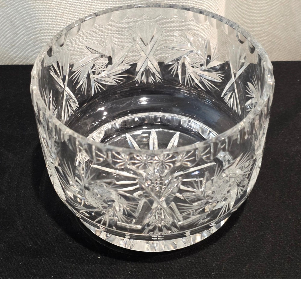 Vintage Pinwheel Cut Crystal Glass Serving Bowl Ice Bucket Scalloped Rim Heavy